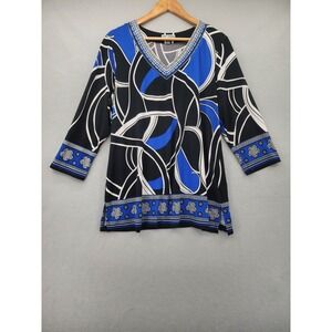 JM Collection Woman Plus Size 0X Tunic Top Blue‎ Black Abstract Greek Key Blouse